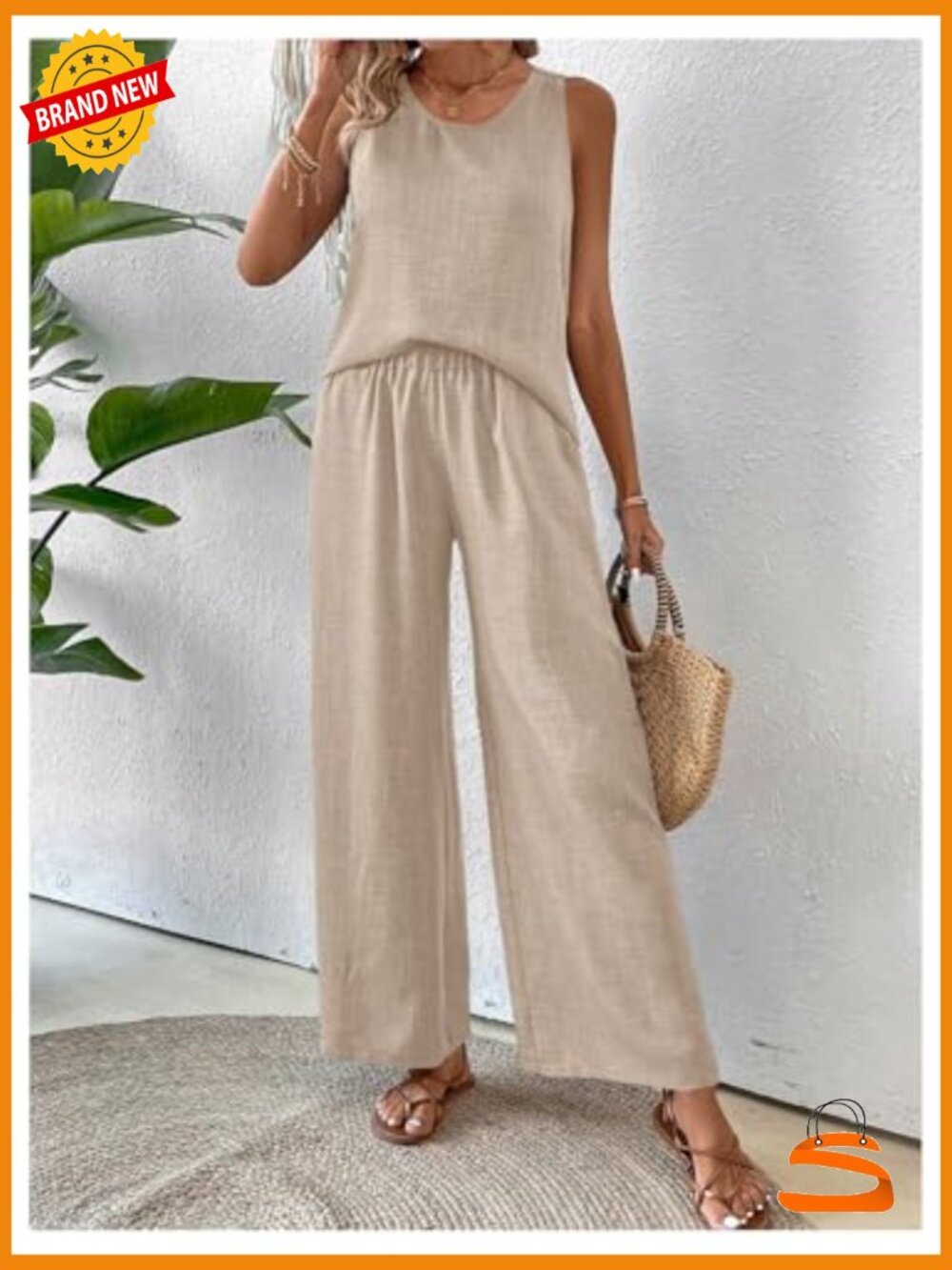Boho Linen 2 Piece Outfit - Crochet Tank & Wide Leg Pants Set - Picture 4 of 5